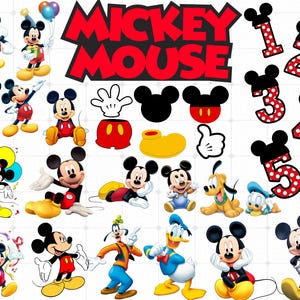 Peut inclure: Une collection de découpes graphiques sur le thème de Mickey Mouse présentant diverses poses de Mickey, Pluto et Donald Duck, ainsi que des chiffres de un à cinq à pois rouges et blancs, un logo Mickey Mouse et des accessoires emblématiques.