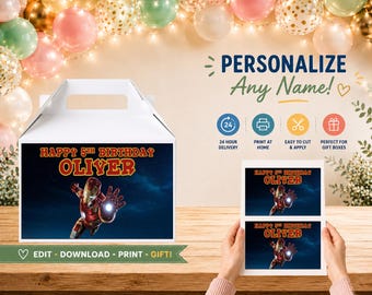 Design de caixa de presente de aniversário personalizada do Homem de Ferro (arquivo digital)
