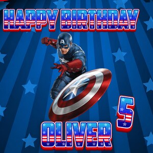 May include: A digital graphic featuring Captain America in a blue, red, and white suit with a shield. The background is blue with darker blue stripes and stars. Text reads HAPPY BIRTHDAY, OLIVER, and the number 5, with a small shield icon.
