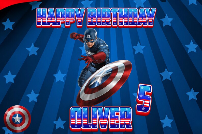 May include: A digital graphic featuring Captain America in a blue, red, and white suit with a shield. The background is blue with darker blue stripes and stars. Text reads HAPPY BIRTHDAY, OLIVER, and the number 5, with a small shield icon.