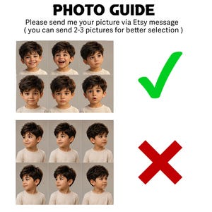 Puede incluir: Una gu&iacute;a fotogr&aacute;fica con el texto PHOTO GUIDE y Please send me your picture via Etsy message ( you can send 2-3 pictures for better selection ). Muestra ejemplos de retratos frontales aceptables con una marca verde y retratos de perfil inaceptables con una X roja.