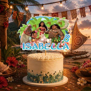 May include: A round cake topper featuring Moana characters including Moana, Maui, Pua, Heihei, and Grandma Tala against a tropical palm tree background. The topper displays the name ISABELLA in blue letters and the number 8 on the right side.
