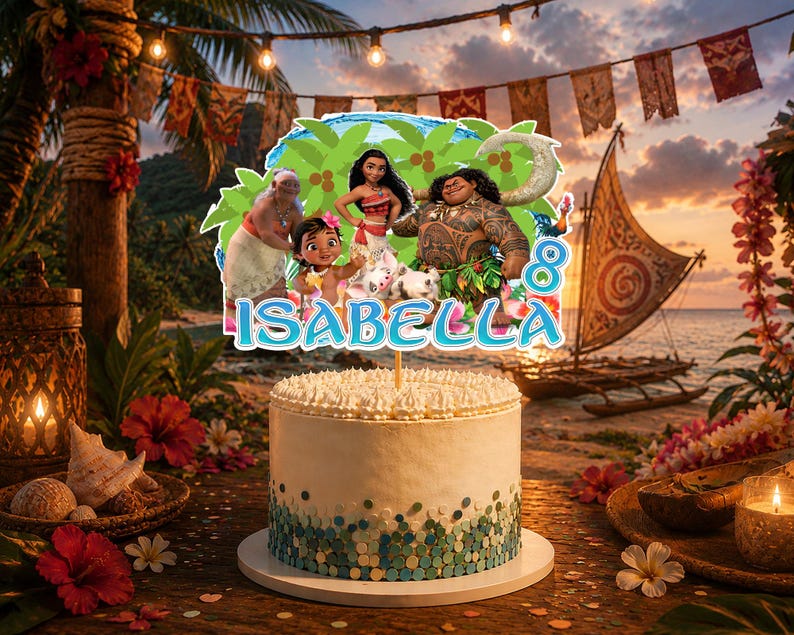 May include: A round cake topper featuring Moana characters including Moana, Maui, Pua, Heihei, and Grandma Tala against a tropical palm tree background. The topper displays the name ISABELLA in blue letters and the number 8 on the right side.