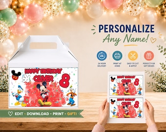 Design de caixa de presente de aniversário personalizada do Mickey Mouse (arquivo digital)