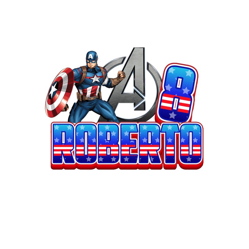 May include: A graphic design featuring Captain America holding a shield next to a metallic Avengers logo. The number 8 and the name ROBERTO are displayed in a blue font with white stars and red and white horizontal stripes on a white background.