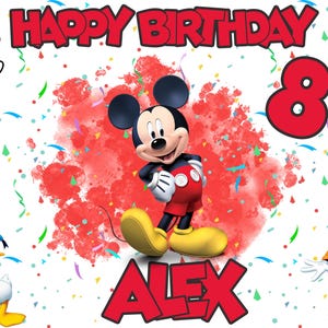 May include: A rectangular birthday banner featuring Mickey Mouse in the center against a red watercolor splash. The text reads HAPPY BIRTHDAY and ALEX in red. Includes Donald Duck, Goofy, a white glove, and the number 8 on a confetti background.