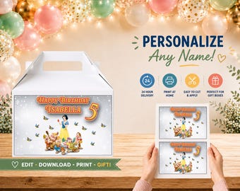 Design de caixa de presente personalizada para aniversário da Branca de Neve (arquivo digital)