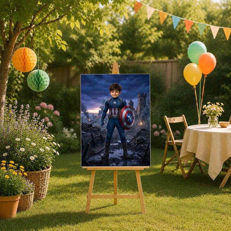 Puede incluir: Un lienzo rectangular exhibido en un caballete de madera, que presenta una ilustraci&oacute;n digital de un ni&ntilde;o vestido como el Capit&aacute;n Am&eacute;rica, de pie en un paisaje devastado por la guerra con un escudo, bajo un cielo oscuro y nublado.