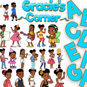 May include: A digital collection of Gracie's Corner character illustrations featuring various children in colorful outfits, musical instruments, and accessories, alongside the text Gracie's Corner and large light blue letters A through H.