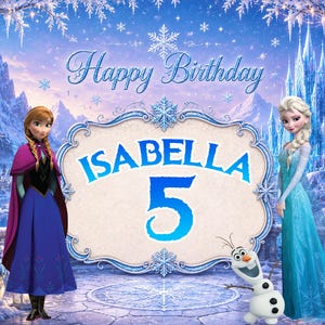 May include: A rectangular backdrop featuring a winter scene with Anna, Elsa, and Olaf. The text "Happy Birthday" appears at the top, and a central decorative frame displays the name "ISABELLA" and the number "5" in blue lettering.