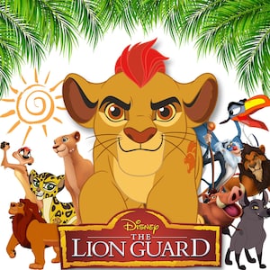 Könnte beinhalten: Eine farbenfrohe grafische Illustration mit Kion, einem jungen Löwen mit roter Mähne, inmitten verschiedener animierter Tierfiguren aus The Lion Guard. Unter den Figuren befindet sich ein rotes Banner mit dem Text Disney THE LION GUARD.
