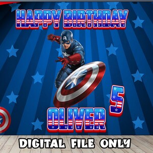 May include: A rectangular backdrop featuring Captain America in a dynamic pose with his shield. The background is dark blue with light blue stars and rays. Text reads HAPPY BIRTHDAY, OLIVER, and the number 5. A small shield icon is in the corner.