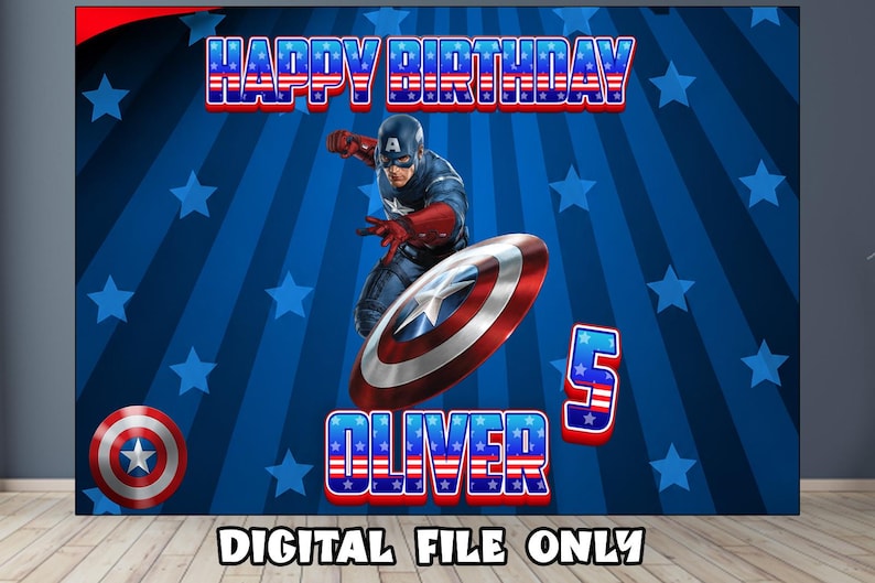 May include: A rectangular backdrop featuring Captain America in a dynamic pose with his shield. The background is dark blue with light blue stars and rays. Text reads HAPPY BIRTHDAY, OLIVER, and the number 5. A small shield icon is in the corner.