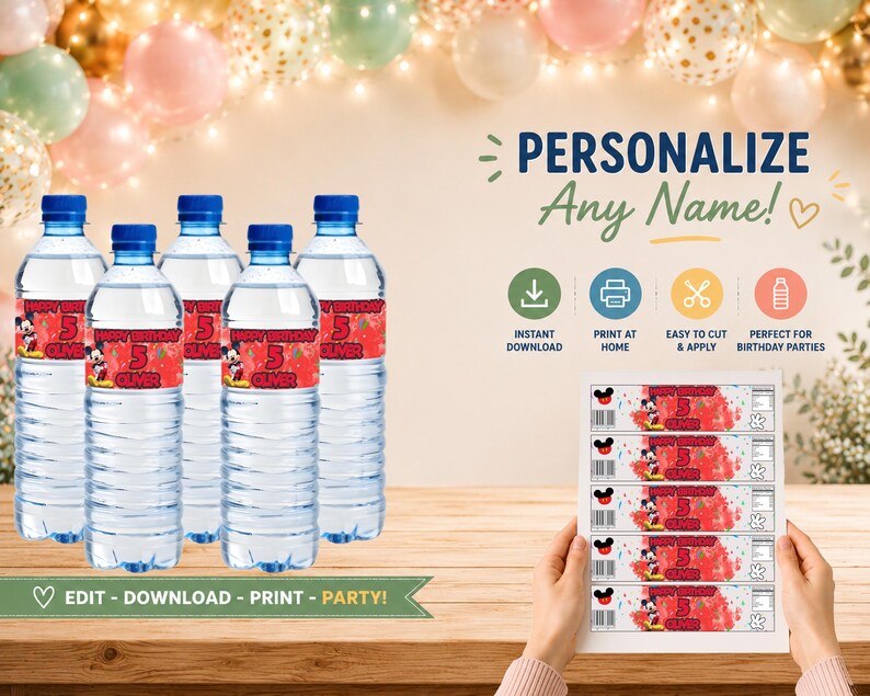 May include: Five clear plastic water bottles with red labels featuring Mickey Mouse, the text Happy Birthday, the number 5, and the name Oliver. A sheet of five identical rectangular labels is held up, showing the same red Mickey Mouse design.