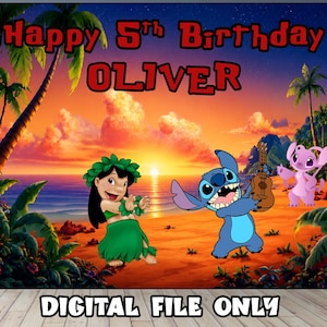 May include: A rectangular backdrop featuring a tropical beach sunset with palm trees, Lilo, Stitch, and Angel. The text reads Happy 5th Birthday OLIVER at the top and DIGITAL FILE ONLY at the bottom. The scene includes a blue ocean and orange sky.