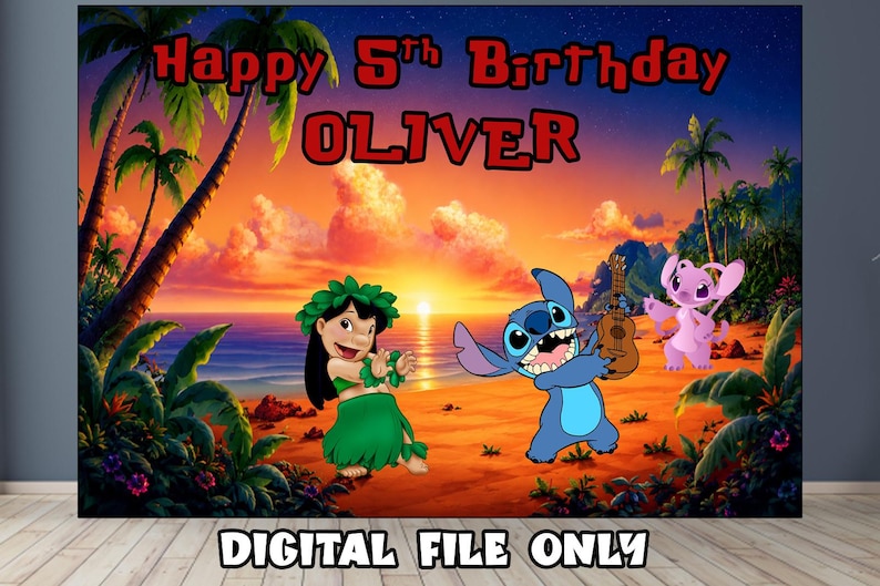 May include: A rectangular backdrop featuring a tropical beach sunset with palm trees, Lilo, Stitch, and Angel. The text reads Happy 5th Birthday OLIVER at the top and DIGITAL FILE ONLY at the bottom. The scene includes a blue ocean and orange sky.