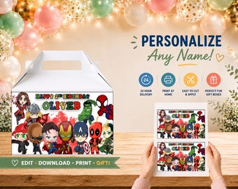 Design de caixa de presente de aniversário personalizada dos Vingadores (arquivo digital)