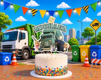 Decorazione per torta di compleanno a tema camion della spazzatura: striscione e adesivi per feste --- File digitale ---