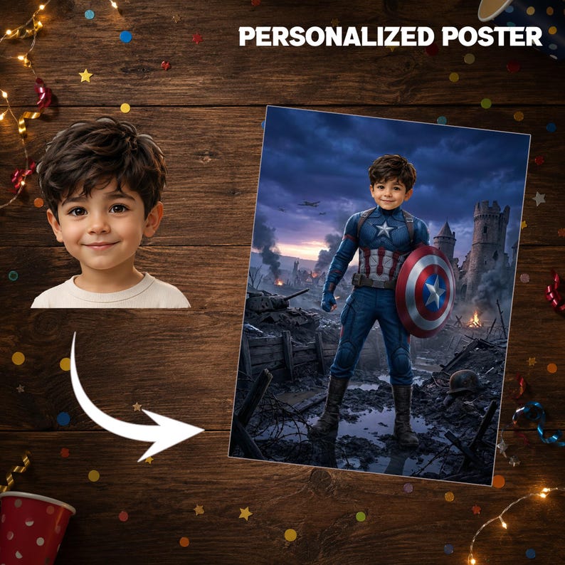 Puede incluir: Un p&oacute;ster personalizado que presenta el retrato de un ni&ntilde;o transformado en un personaje de Capit&aacute;n Am&eacute;rica. El p&oacute;ster muestra al ni&ntilde;o con un traje de superh&eacute;roe azul con un emblema de estrella y un escudo circular rojo, blanco y azul.