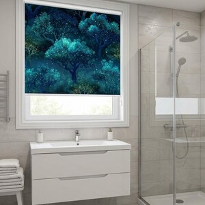Magic Forest Roller Blind for Bathroom, Glowing Tree Window Shade, Fantasy Nursery Roller Blind, Dark Teal Blue Window Coverings Custom