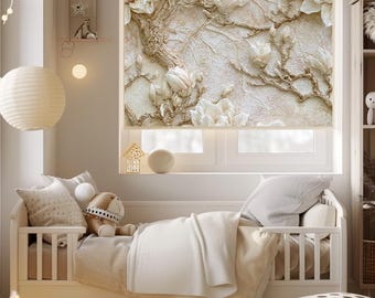 Neutral Beige Magnolia Roller Blind with 3D Textured Floral Design | Custom Window Shade