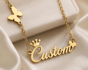 Collar con nombre personalizado, colgante personalizado de corona de mariposa dorada, joyería nupcial minimalista.