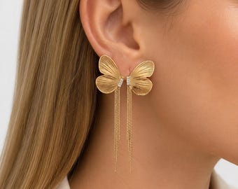 Pendientes colgantes de mariposa dorada con borlas de cadena en cascada – Joyería nupcial llamativa