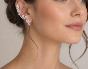 Pendientes trepadores de hoja de cristal, pendientes de aro con diseño de enredadera para novias, joyería nupcial, piedras de circonita cúbica.