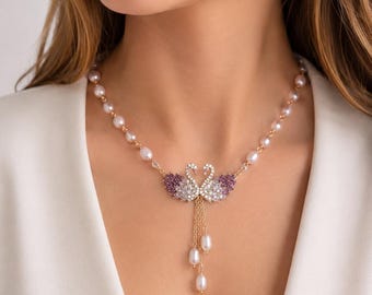 Collar de perlas con forma de cisne, colgante con pavé de cristal, joyería nupcial