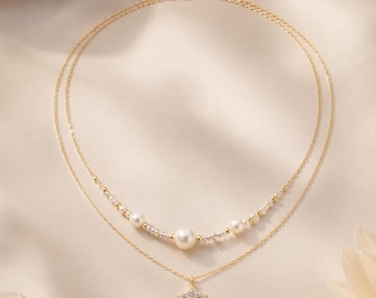 Collar de perlas en capas con colgante de estrella dorada, delicada joyería nupcial, regalo de boda para damas de honor.