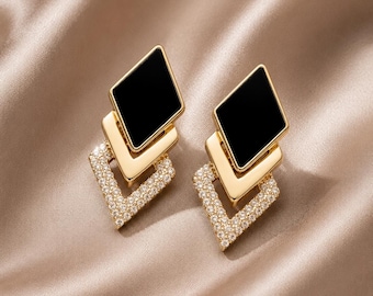 Pendientes llamativos geométricos de oro negro, joyería colgante Art Déco con diamantes de imitación.
