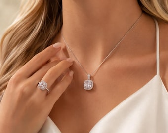 Conjunto de joyas nupciales de circonita cúbica talla cojín, collar, pendientes y anillo de plata, anillo de compromiso con circonita cúbica tipo halo.