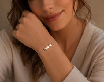 Bracelet prénom personnalisé, chaîne fine personnalisée en argent sterling, cadeau de demoiselle d'honneur minimaliste