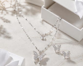 Conjunto de collar y pendientes de mariposa de cristal, joyería con colgante floral
