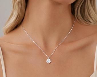 Collar delicado de plata con colgante floral de circonita cúbica y cristal minimalista (regalo para ella).