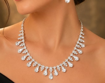 Parure de bijoux de mariée en forme de larme en cristal plaqué argent, boucles d'oreilles de collier de mariage