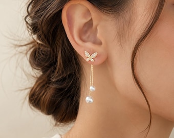 Pendientes colgantes de perlas con forma de mariposa dorada, joyería nupcial con cristales.