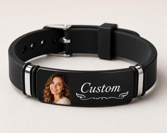 Pulsera con barra de identificación fotográfica personalizada, banda de silicona personalizada, recuerdo conmemorativo impermeable