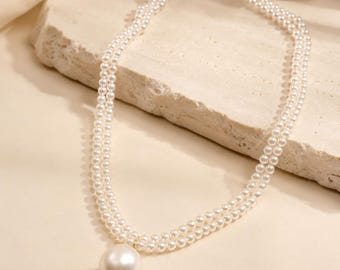 Collar de perlas de doble hilera, colgante grande, joyería nupcial, elegante collar llamativo.