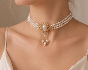 Collier ras de cou multi-rangs de perles, bijoux de mariée victoriens en filigrane d'or