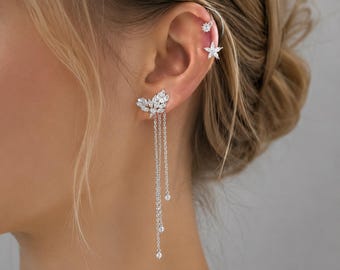 Pendientes trepadores de hoja de cristal: Joyería nupcial con cadena colgante y acabado dorado.