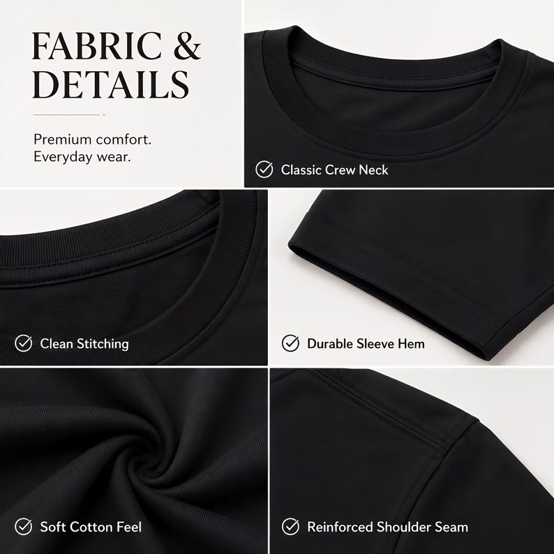 May include: A black t-shirt featuring a classic crew neck, clean stitching, a durable sleeve hem, and a reinforced shoulder seam. The fabric has a soft cotton feel. Text in the image includes: FABRIC & DETAILS, Premium comfort. Everyday wear.