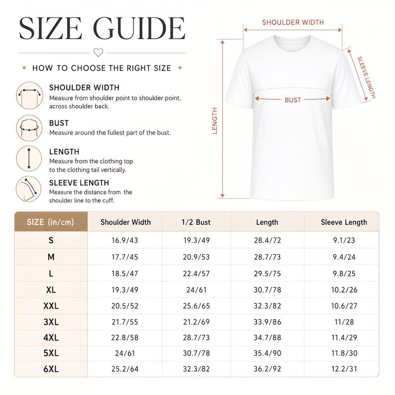 May include: A white t-shirt size guide chart featuring a diagram of a t-shirt with labelled measurements for shoulder width, bust, length, and sleeve length. A table provides specific dimensions in inches and centimetres for sizes S through 6XL.