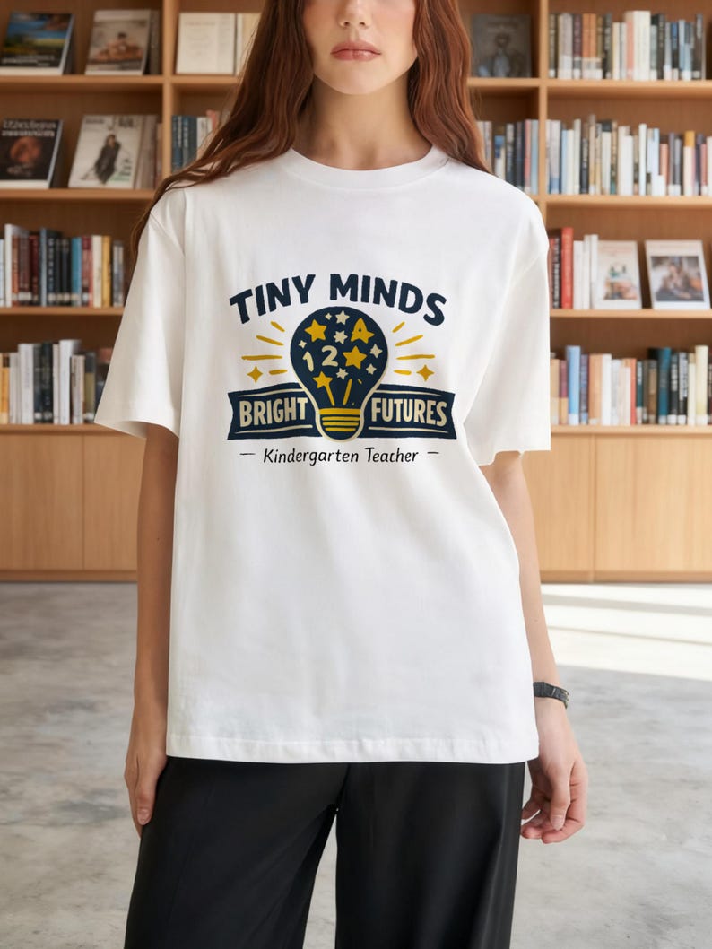 Kindergarten Teacher Shirt, Tiny Minds Bright Futures Light Bulb Graphic Tee image 2