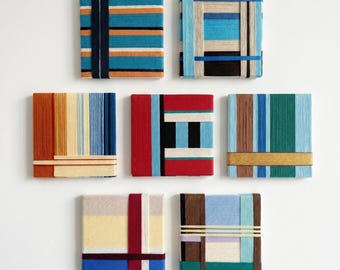 Handmade Framed Blue Woven Yarn Art Painting – Custom Geometric Textile Art, Scandinavian Japandi Home Decor; Eclectic Abstract Wall Art Set
