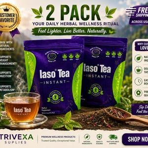 May include: Two purple and green pouches of Iaso Tea Instant herbal supplement, a glass cup of brewed tea on a saucer, and a wooden spoon with loose tea leaves. The packaging features the text Iaso Tea Instant and Total Life Changes.