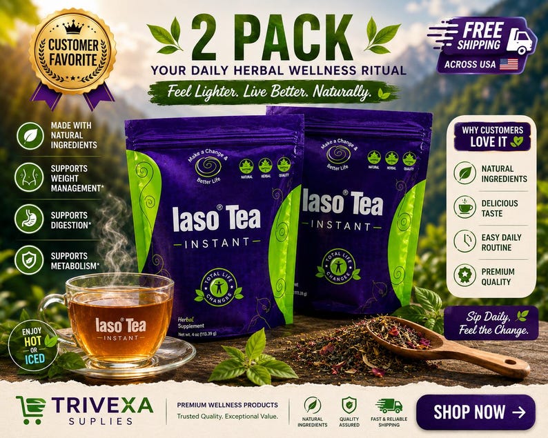 May include: Two purple and green pouches of Iaso Tea Instant herbal supplement, a glass cup of brewed tea on a saucer, and a wooden spoon with loose tea leaves. The packaging features the text Iaso Tea Instant and Total Life Changes.