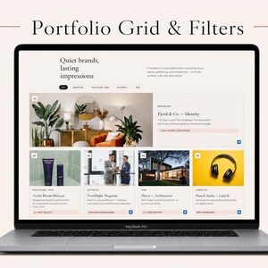 May include: A laptop screen displaying a website interface titled Portfolio Grid & Filters. The page features a header with the text Quiet brands, lasting impressions, followed by a grid of project thumbnails including interior design, skincare, architecture, and audio equipment.