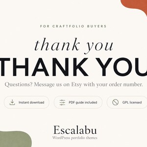 Pu&ograve; includere: Un grafico digitale con sfondo bianco sporco che presenta il testo FOR CRAFTFOLIO BUYERS, thank you, THANK YOU e Questions? Message us on Etsy with your order number. Include pulsanti per Instant download, PDF guide included e GPL licensed.