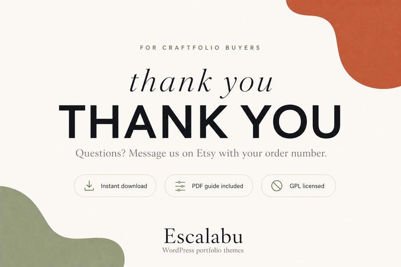 Pu&ograve; includere: Un grafico digitale con sfondo bianco sporco che presenta il testo FOR CRAFTFOLIO BUYERS, thank you, THANK YOU e Questions? Message us on Etsy with your order number. Include pulsanti per Instant download, PDF guide included e GPL licensed.